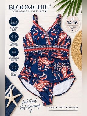 BloomChic Plus Size One Piece Swimsuit US 14-16 Navy Paisley Tummy Control